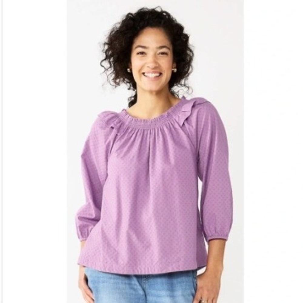 Sonoma Women's Size Medium Ruffle Shoulder Peasant Top Lilac Purple Swiss Dot